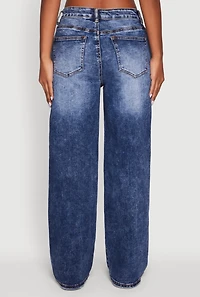 Womens Mineral Wash Whiskered Distressed Straight Leg Jeans, Blue,