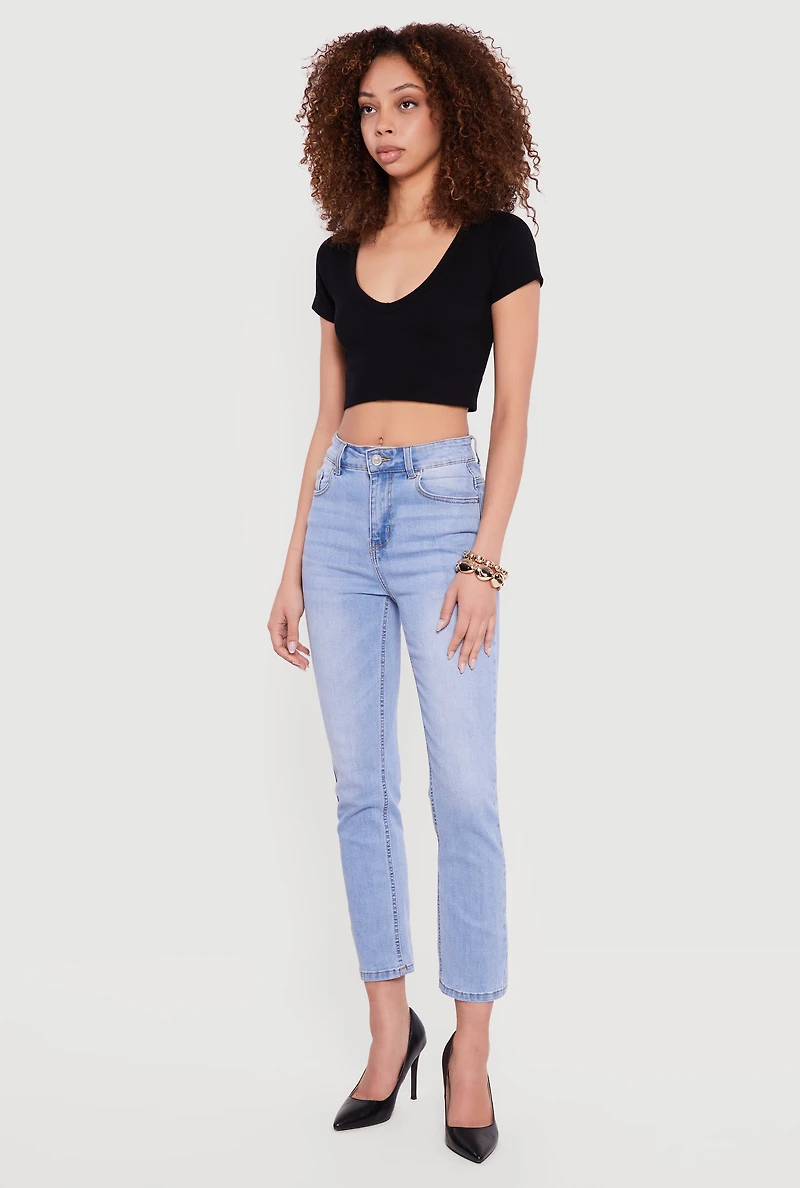 High Waisted Whiskered Straight Leg Jeans