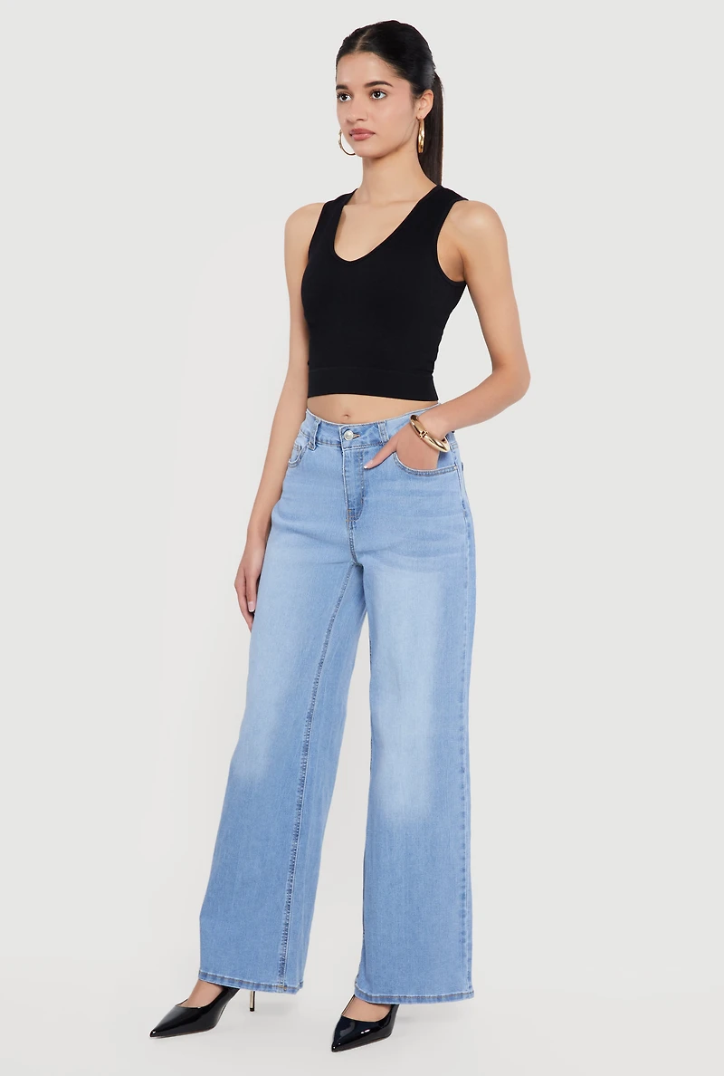 Whiskered Wide Leg Jeans