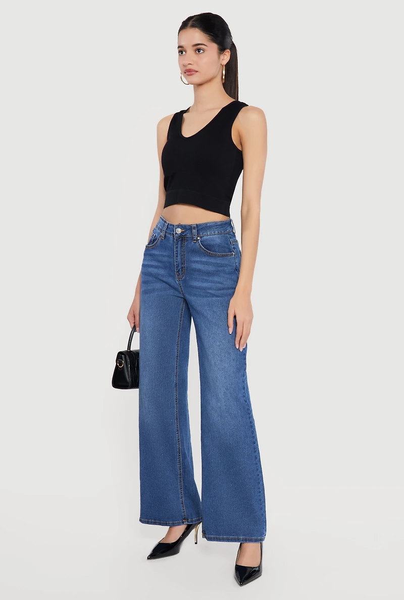 Whiskered Wide Leg Jeans