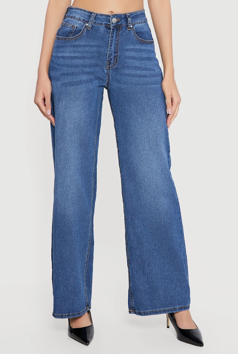 Whiskered Wide Leg Jeans