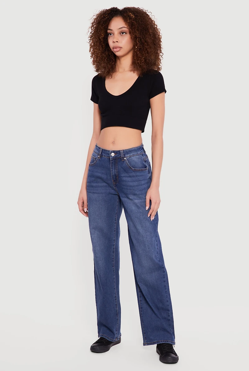 Low Rise Whiskered Wide Leg Jeans