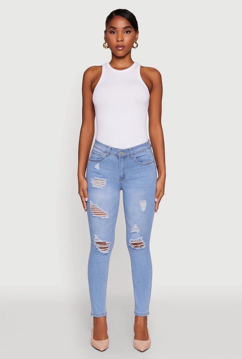 Womens WAX Mid Rise Distressed Jeans, Blue, Size 5