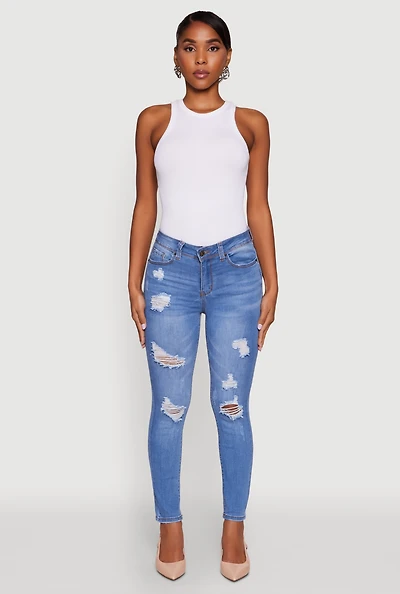 Womens WAX Mid Rise Distressed Jeans, Blue,