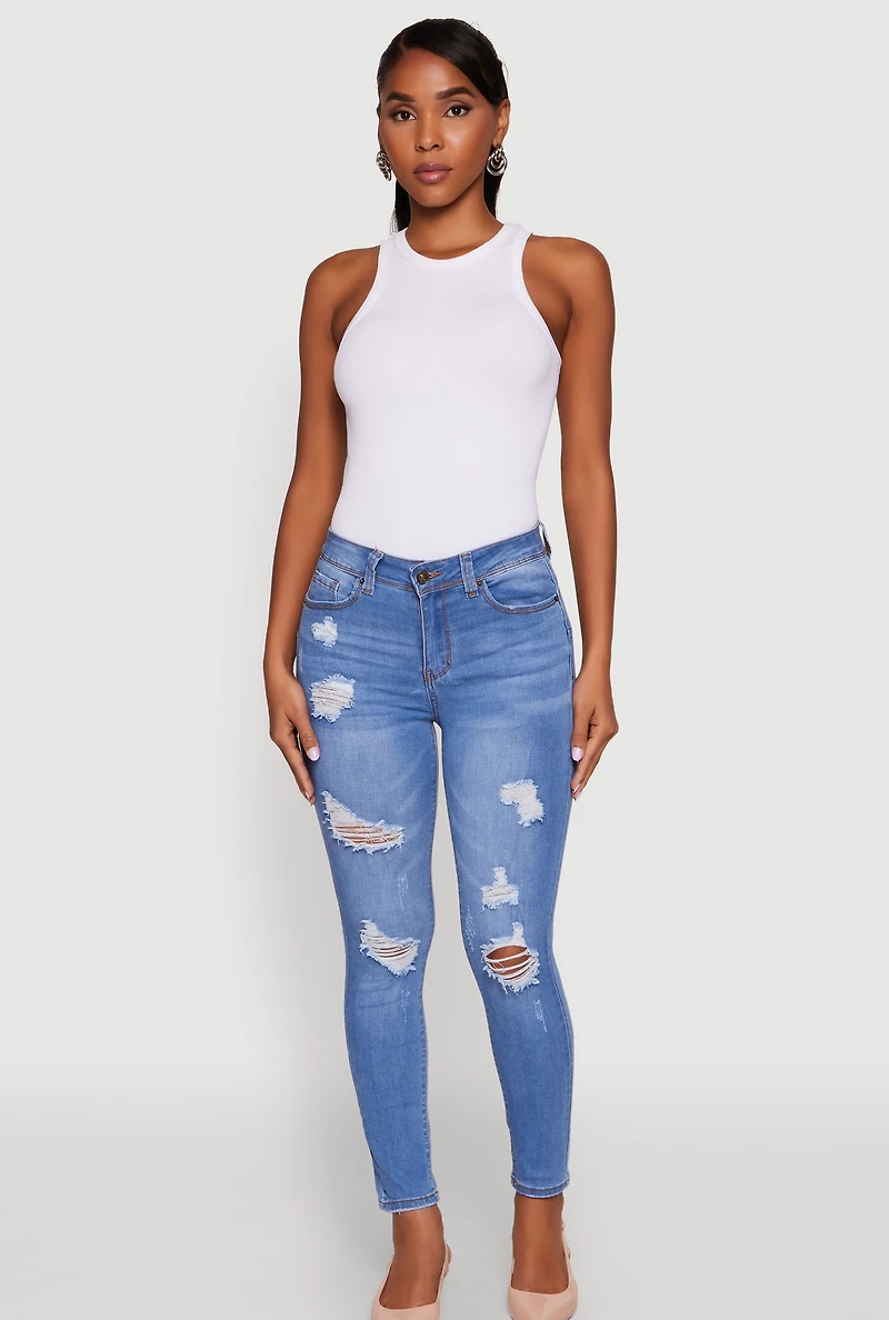 Womens Mid Rise Distressed Skinny Ankle Jeans, Blue,