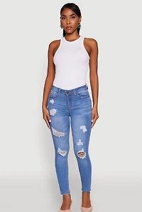 Womens Mid Rise Distressed Skinny Ankle Jeans, Blue,