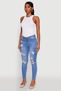 Womens WAX Mid Rise Distressed Jeans, Blue,