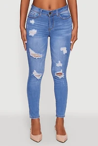 Womens WAX Mid Rise Distressed Jeans, Blue,