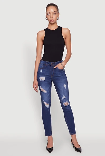 Womens WAX Mid Rise Distressed Jeans, Blue,