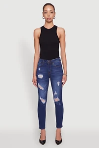 Womens WAX Mid Rise Distressed Jeans, Blue,