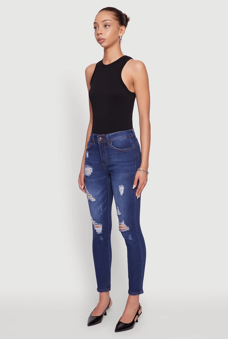 Womens WAX Mid Rise Distressed Jeans, Blue,