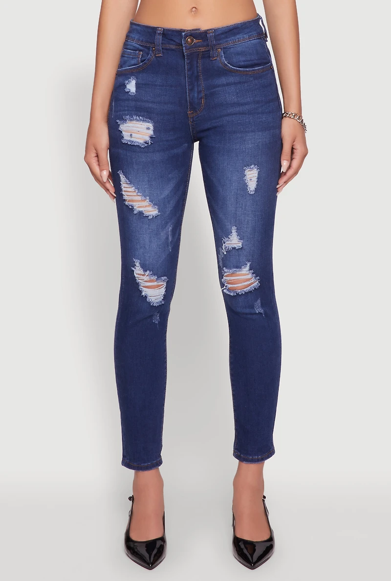Womens WAX Mid Rise Distressed Jeans, Blue,