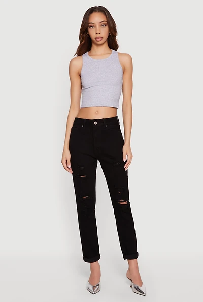 Distressed Straight Leg Roll Cuff Jeans