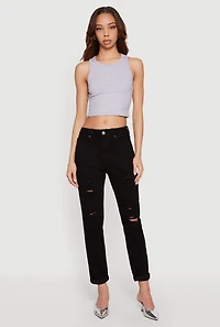 Distressed Straight Leg Roll Cuff Jeans
