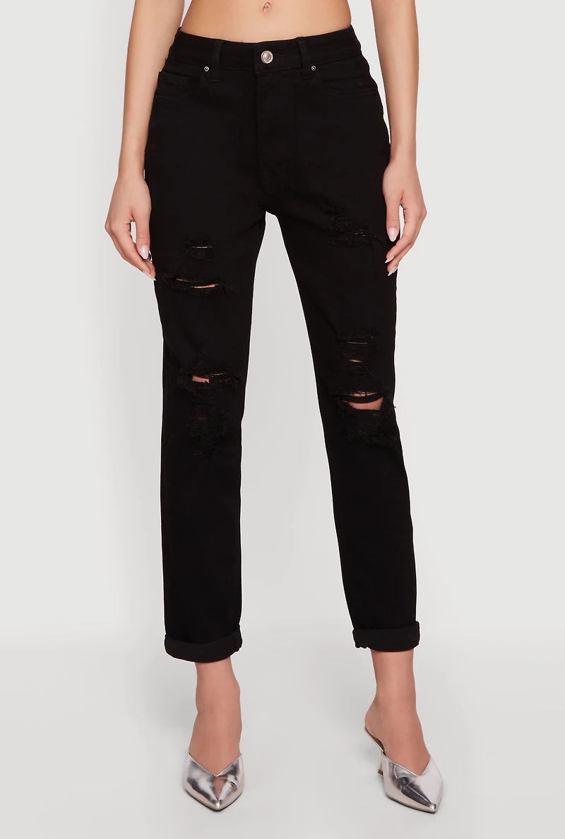 Distressed Straight Leg Roll Cuff Jeans