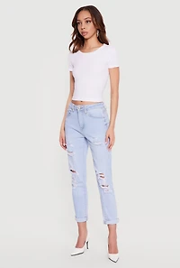Distressed Straight Leg Roll Cuff Jeans
