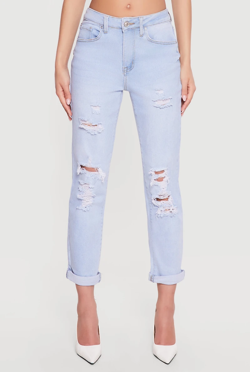 Distressed Straight Leg Roll Cuff Jeans