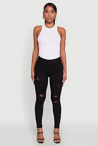 Womens WAX Distressed Frayed Skinny Jeans, Black, Size 7
