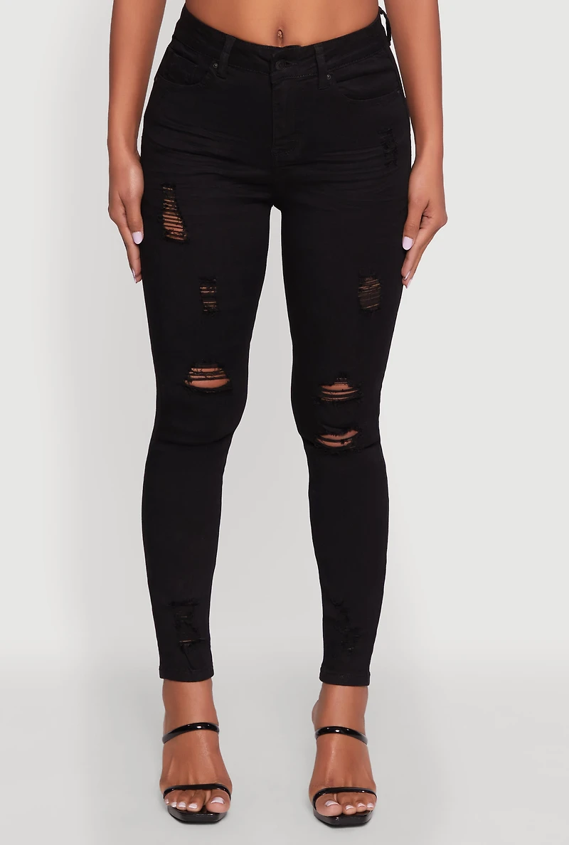 Womens WAX Distressed Frayed Skinny Jeans, Black, Size 7