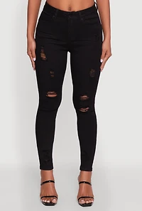 Womens WAX Distressed Frayed Skinny Jeans, Black, Size 7