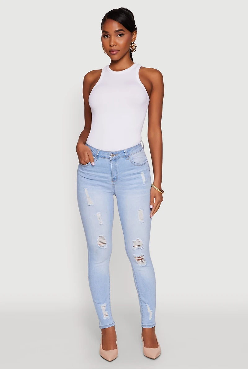 Womens WAX Distressed Frayed Skinny Jeans, Blue,