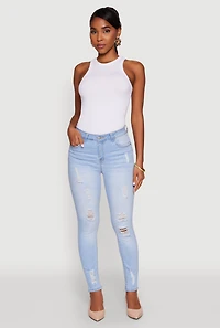 Womens WAX Distressed Frayed Skinny Jeans, Blue,