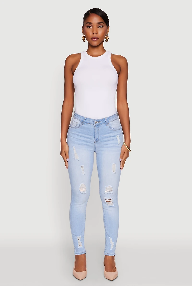 Womens WAX Distressed Frayed Skinny Jeans, Blue,
