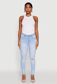 Womens WAX Distressed Frayed Skinny Jeans, Blue,