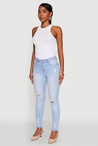 Womens WAX Distressed Frayed Skinny Jeans, Blue,
