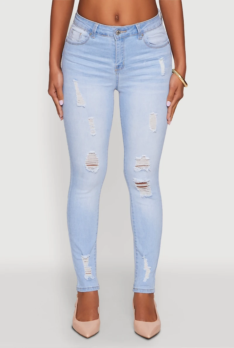 Womens WAX Distressed Frayed Skinny Jeans, Blue,