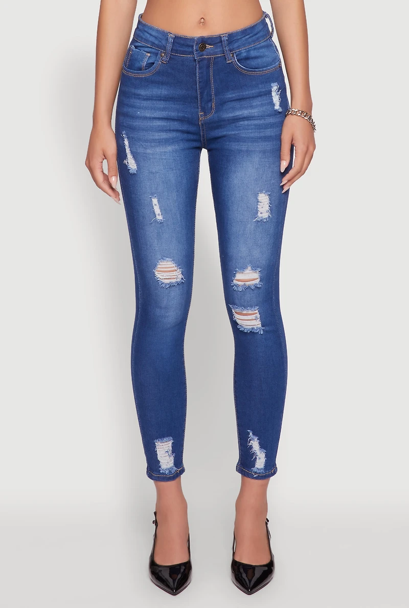 Womens WAX Distressed Frayed Skinny Jeans, Blue,