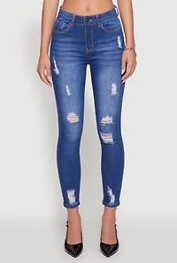 Womens WAX Distressed Frayed Skinny Jeans, Blue,