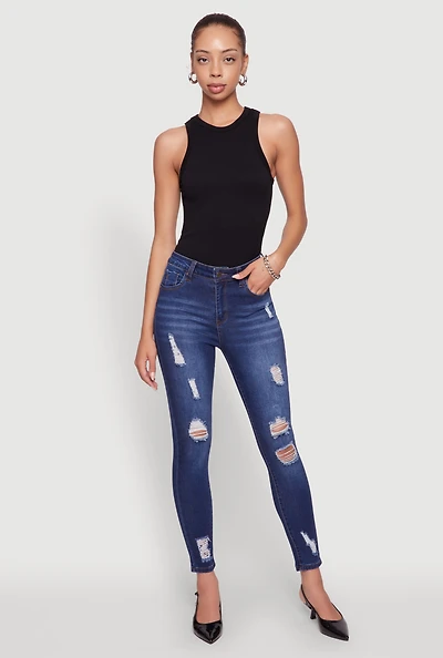 Womens WAX Distressed Frayed Skinny Jeans, Blue,