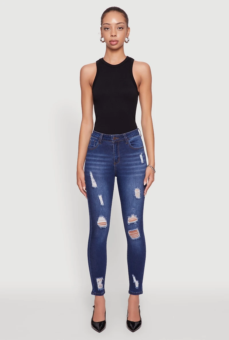 Womens WAX Distressed Frayed Skinny Jeans, Blue,