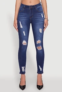 Womens WAX Distressed Frayed Skinny Jeans, Blue,