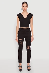Womens WAX Distressed Patch and Repair Skinny Jeans, Black,