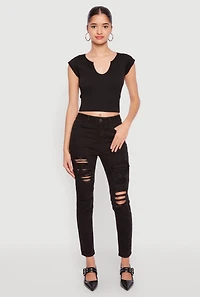 Womens WAX Distressed Patch and Repair Skinny Jeans, Black, Size 1