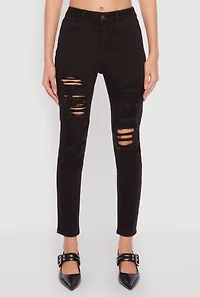 Womens WAX Distressed Patch and Repair Skinny Jeans, Black, Size 1