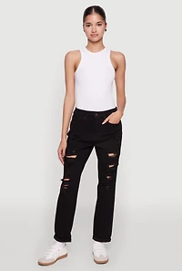 Womens WAX Distressed Boyfriend Jeans, Black,
