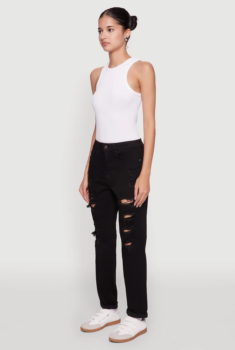 Womens WAX Distressed Boyfriend Jeans, Black,