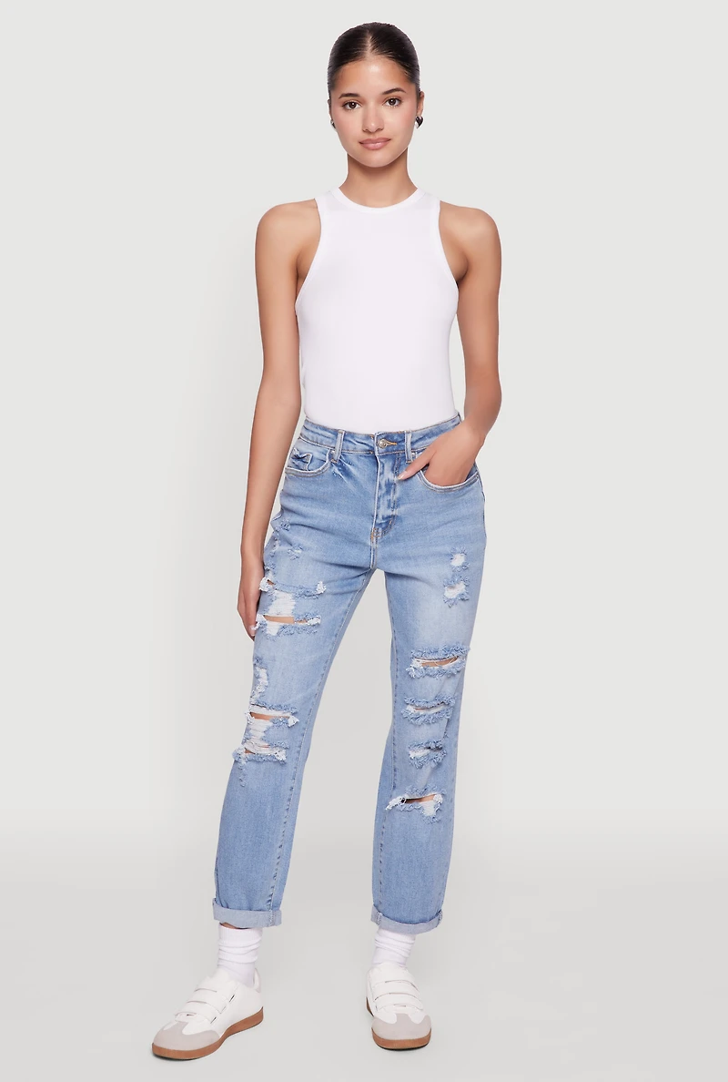 Womens WAX Distressed Boyfriend Jeans, Blue,