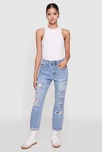 Womens WAX Distressed Boyfriend Jeans, Blue,