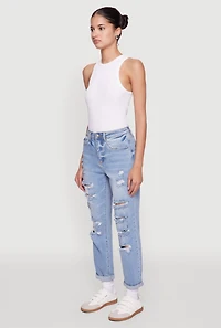 Womens WAX Distressed Boyfriend Jeans, Blue,