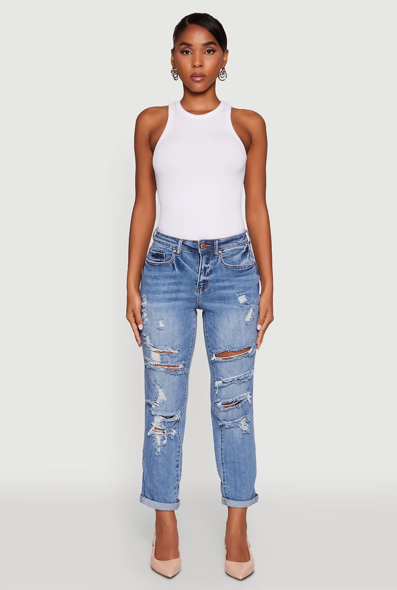 Womens WAX Distressed Boyfriend Jeans, Blue,