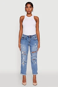 Womens WAX Distressed Boyfriend Jeans, Blue,
