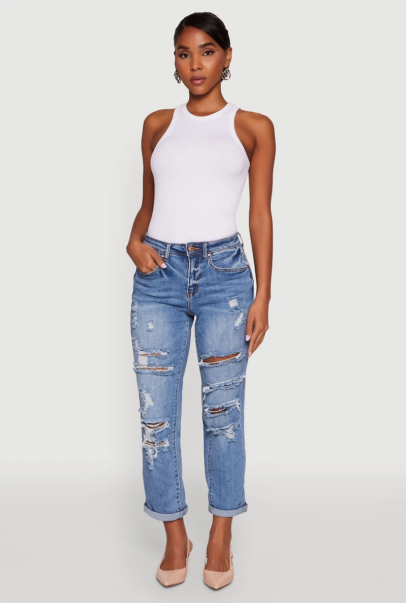 Womens WAX Distressed Boyfriend Jeans, Blue,