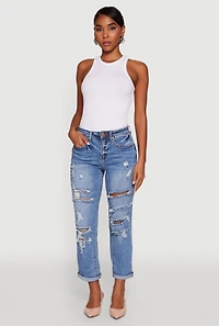 Womens WAX Distressed Boyfriend Jeans, Blue,