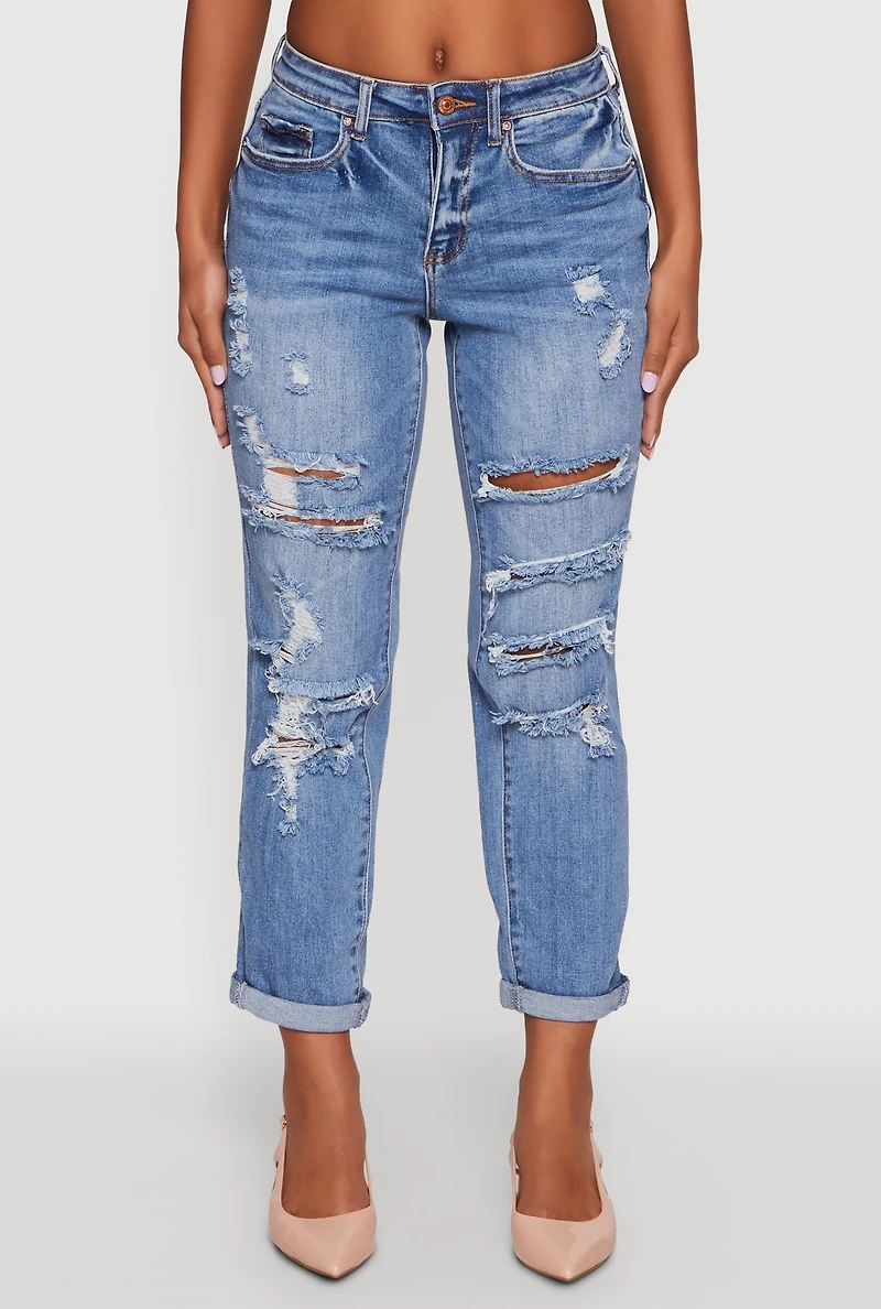 Womens WAX Distressed Boyfriend Jeans, Blue,