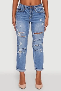 Womens WAX Distressed Boyfriend Jeans, Blue,