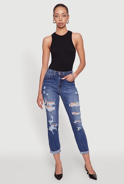 Womens WAX Distressed Boyfriend Jeans, Blue,